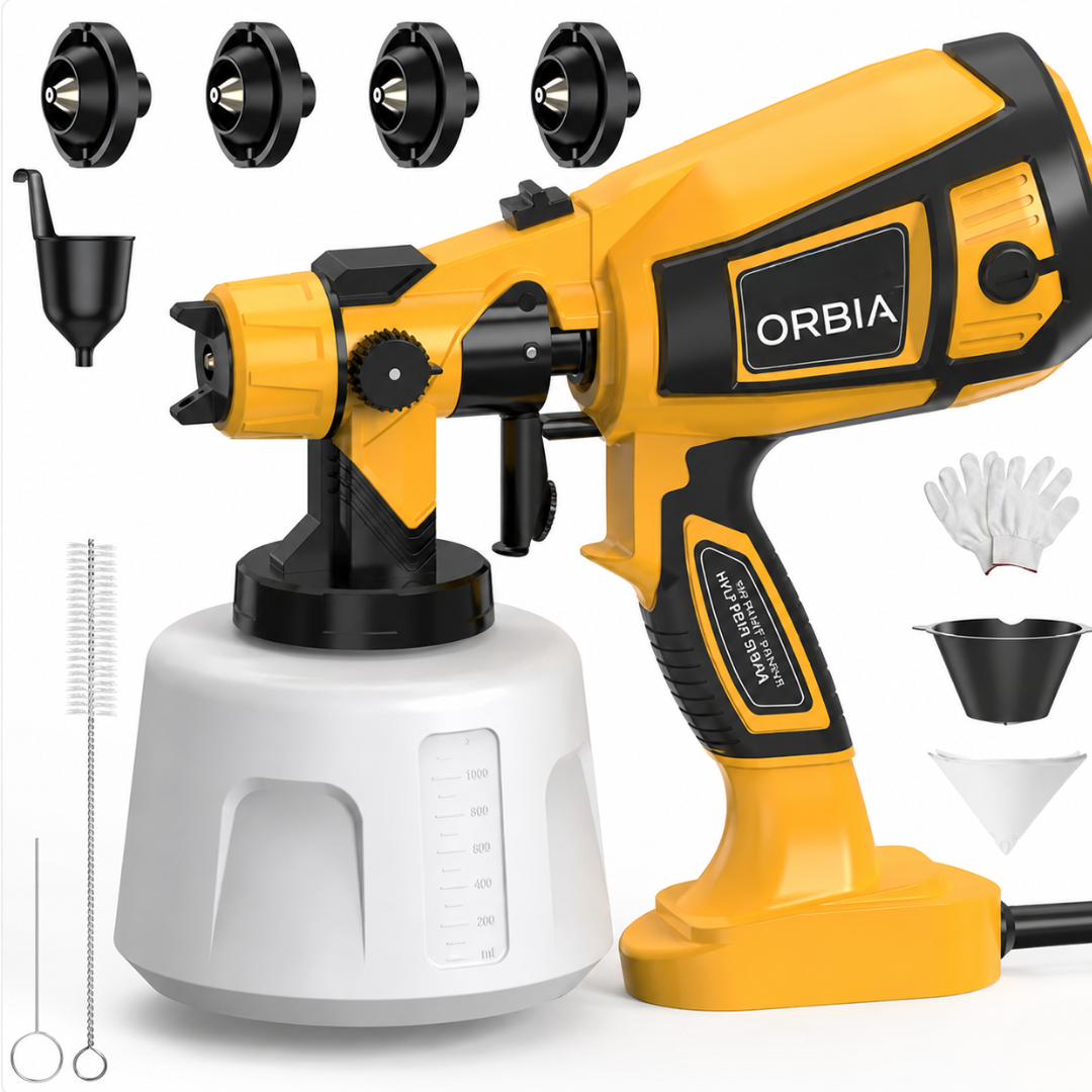 ORBIA 1000W Krachtig HVLP Spuitpistool Elektrisch Met 4 Sproeiers - Perfect Voor Huis, Meubels, Kasten, Muren, Deuren, Hekken - Hoge Efficiëntie & Eenvoudig Te Reinigen