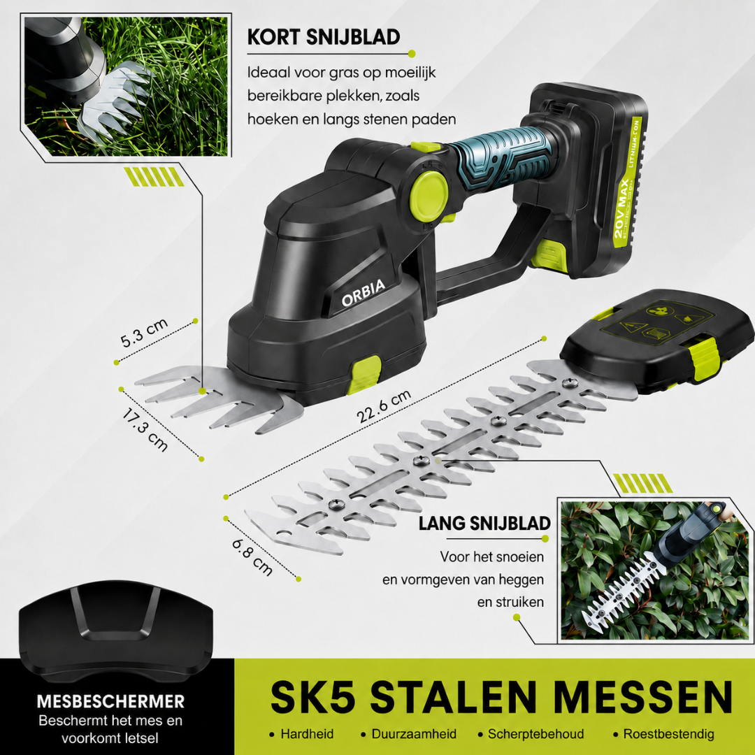 ORBIA Draadloze Heggenschaar – 20V Elektrische Struikschaar Grasschaar Handmatige Grasmaaier, Heggenschaar Tuin + Batterij + Snellader Inbegrepen