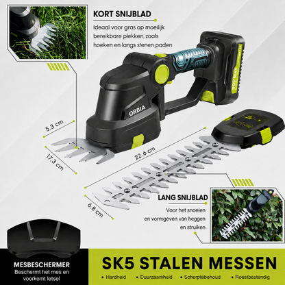 ORBIA Draadloze Heggenschaar – 20V Elektrische Struikschaar Grasschaar Handmatige Grasmaaier, Heggenschaar Tuin + Batterij + Snellader Inbegrepen