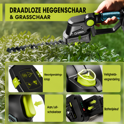 ORBIA Draadloze Heggenschaar – 20V Elektrische Struikschaar Grasschaar Handmatige Grasmaaier, Heggenschaar Tuin + Batterij + Snellader Inbegrepen