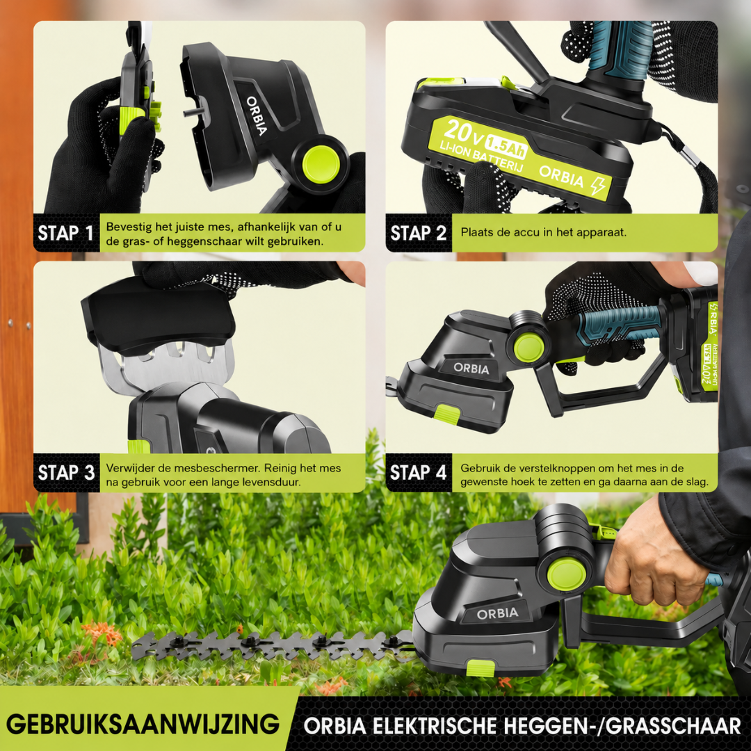 ORBIA Draadloze Heggenschaar – 20V Elektrische Struikschaar Grasschaar Handmatige Grasmaaier, Heggenschaar Tuin + Batterij + Snellader Inbegrepen