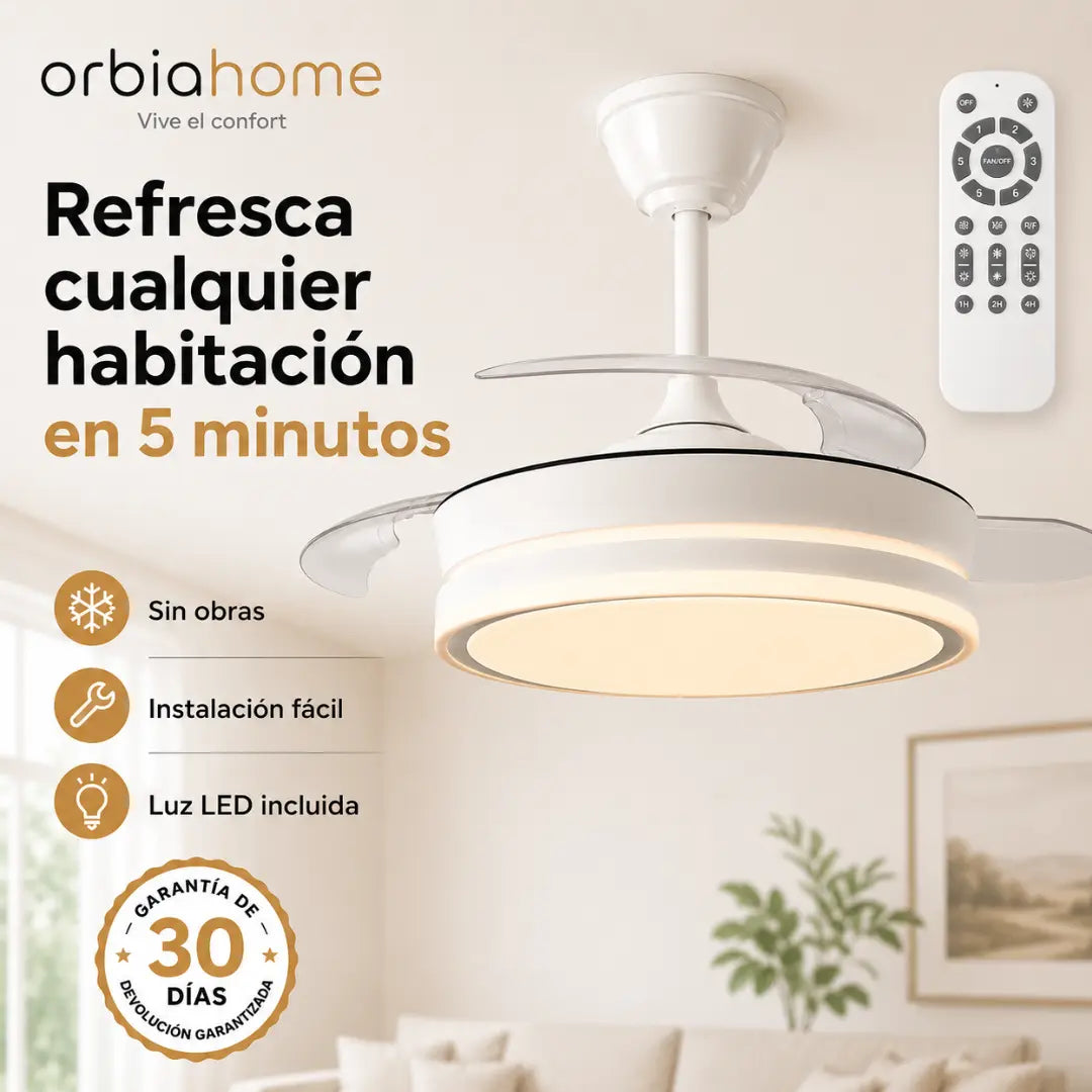 OrbiaHome Ventilador PRO de Aspas Plegables, LED 45W Motor DC 6 Velocidades Iluminación Regulable Temporizador Función Verano-Invierno Control Remoto