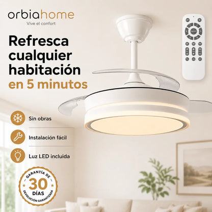OrbiaHome Ventilador PRO de Aspas Plegables, LED 45W Motor DC 6 Velocidades Iluminación Regulable Temporizador Función Verano-Invierno Control Remoto
