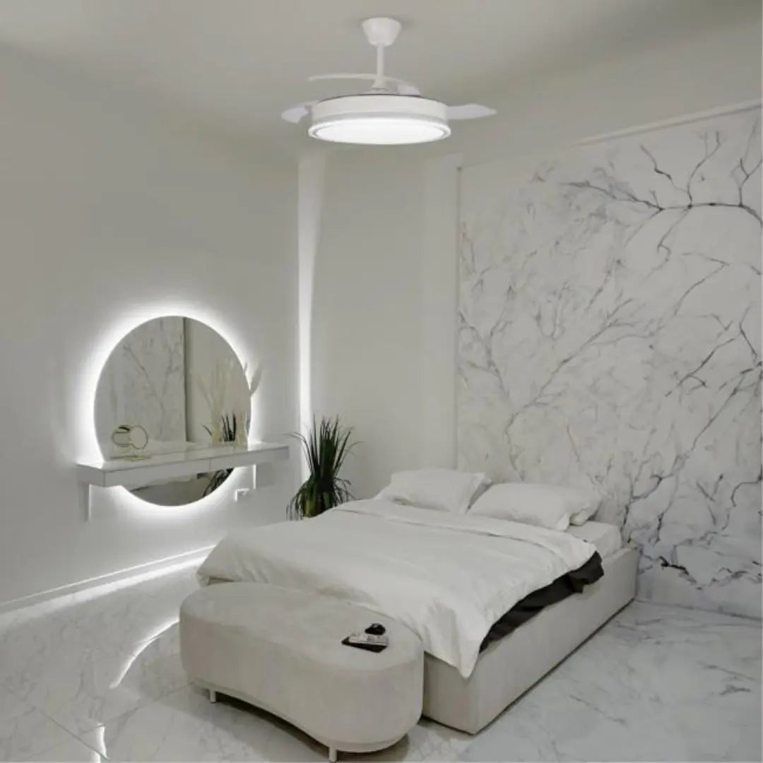 OrbiaHome Ventilador PRO de Aspas Plegables, LED 45W Motor DC 6 Velocidades Iluminación Regulable Temporizador Función Verano-Invierno Control Remoto