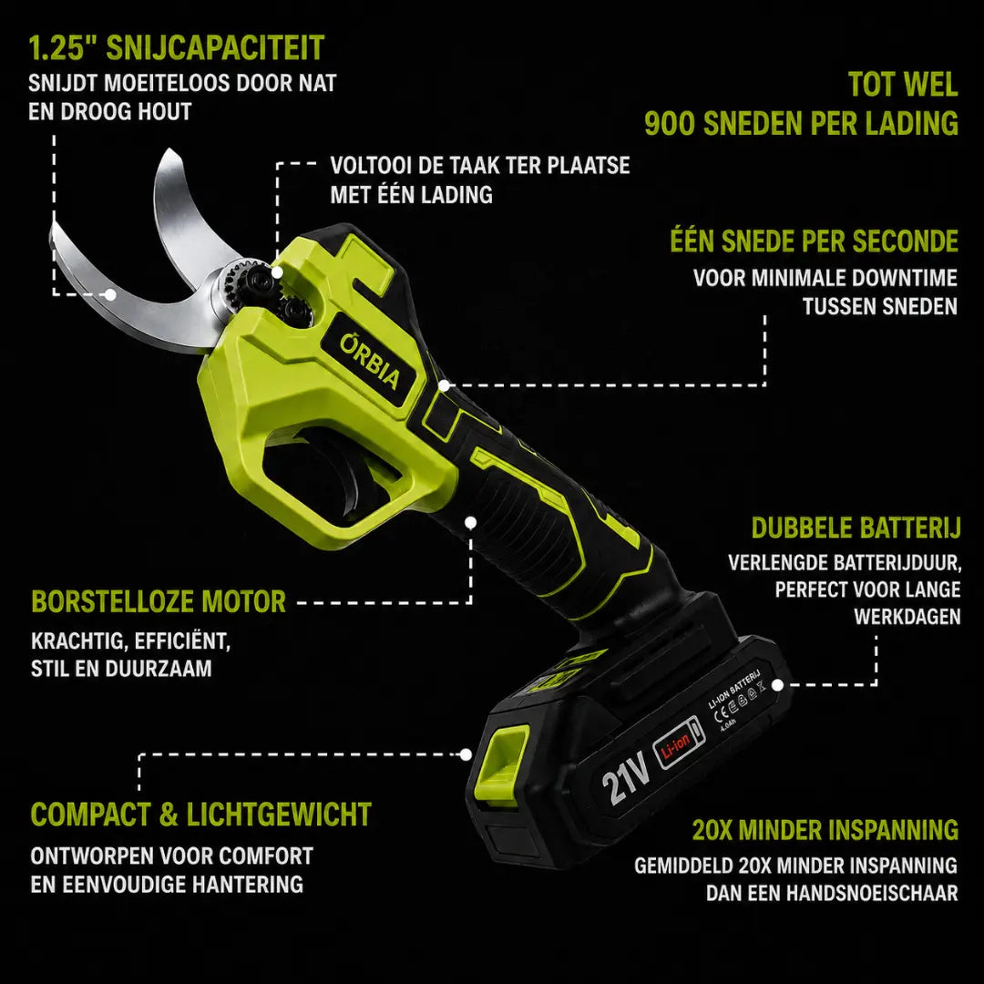 Orbia S26 Elektrische Snoeischaar - Draadloze Accu, Borstelloze Motor, Dubbele Batterij