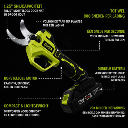 Orbia S26 Elektrische Snoeischaar - Draadloze Accu, Borstelloze Motor, Dubbele Batterij